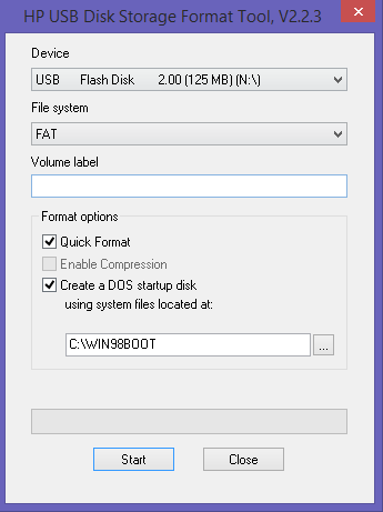 HP USB Disk Storage Format Tool - windows 98 boot