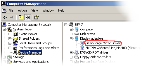 tightvnc Mirage Driver device manager