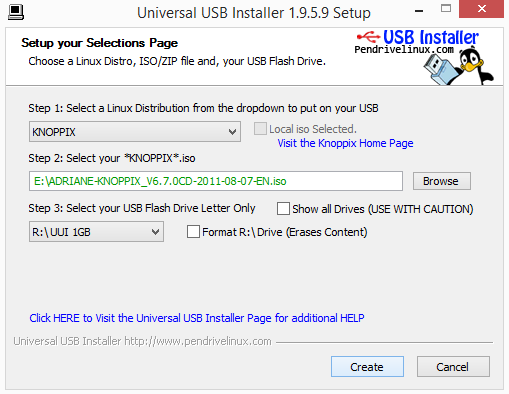 universal USB installer - Knoppix - installatie 01