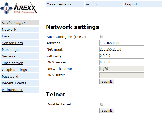 arexx BS-1000 admin netwerk scherm