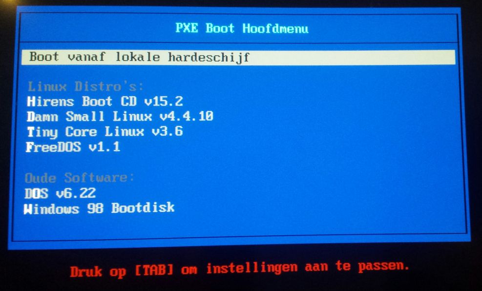 PXE Boot menu voorbeeld