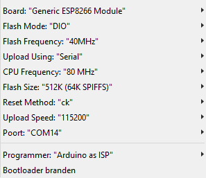ArduinoIDE ESP8266 build opties