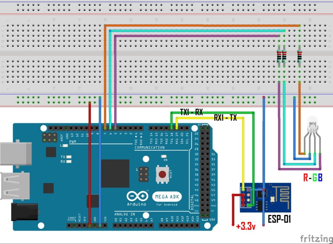 ESP-01 - Arduino Mega + RGB LED + Blynk app schema